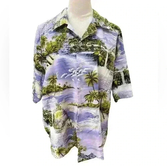 TropPicks Men’s XL Hawaiian Button Down Short Sleeve Shirt Purple Palm Trees - Picture 1 of 8